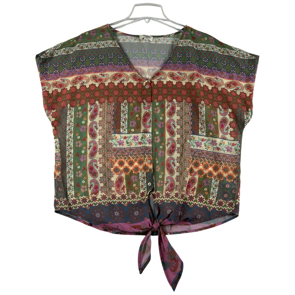 Umgee Blouse Womens Medium Paisley Patchwork Tie Front Sheer Short Sleeve Boho